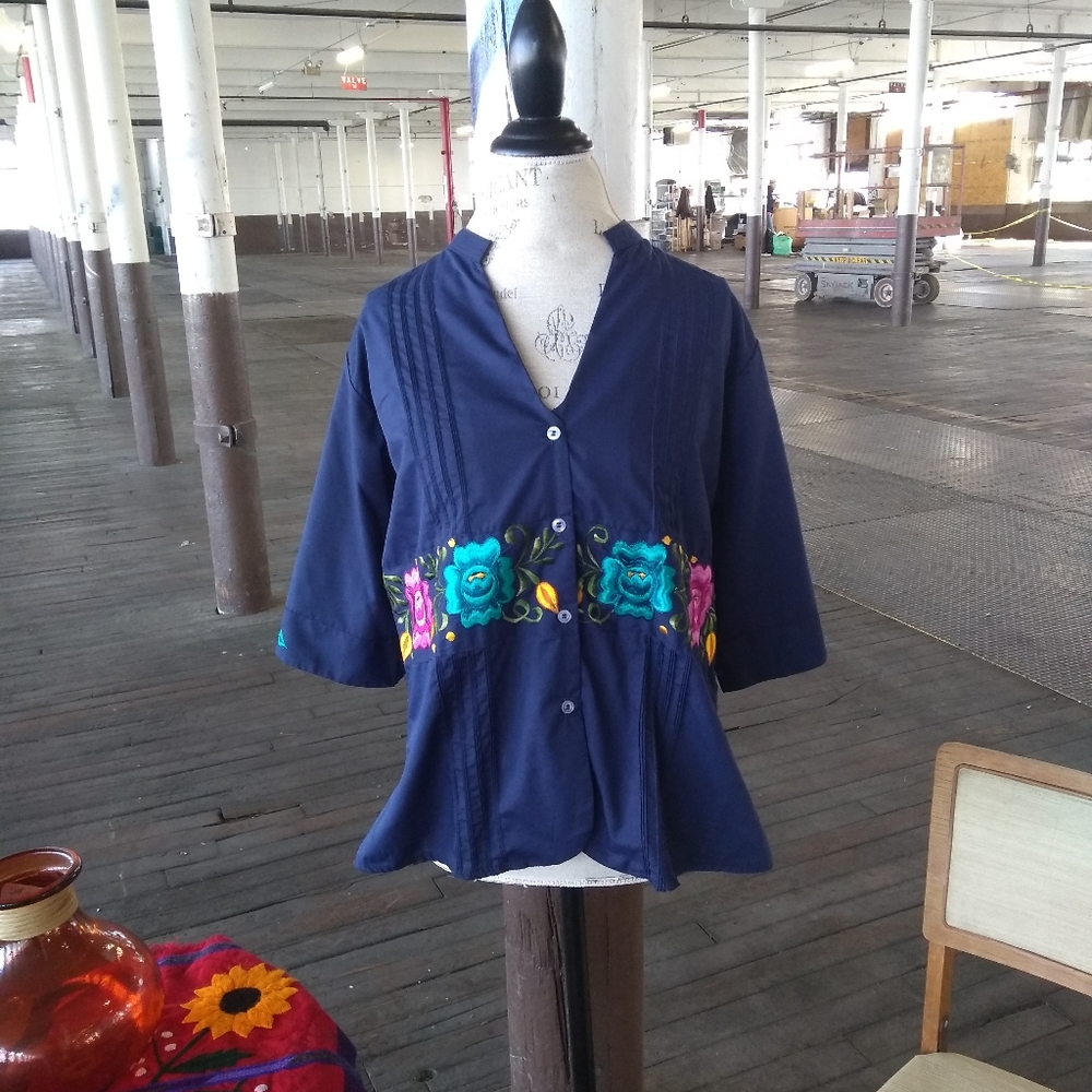 Mexican shirt with hand embroidered floral designs